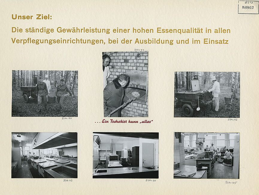Das Blatt trägt die Überschrift: „Unser Ziel: Die ständige Gewährleistung einer hohen Essensqualität in allen Verpflegungseinrichtungen, bei der Ausbildung und im Einsatz“. Es zeigt fünf Fotos von Feld- und Großküchen der Stasi. In der Mitte ein Foto von Erich Mielke, der im Wintermantel mit einer Bäckerschaufel ein Brot aus einem großen Ofen zieht. Darunter der Schriftzug: „…Ein Tschekist kann ‚alles‘“.