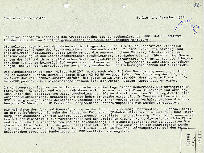 Ein Bericht der Stasi über ihren Einsatz während des Besuchs von Bundeskanzler Schmidt in Güstrow. Die Stasi hält ihren Einsatz für erfolgreich. Die Maßnahmen der Stasi nochmals detailliert rekapituliert und ihr Erfolg konstatiert.