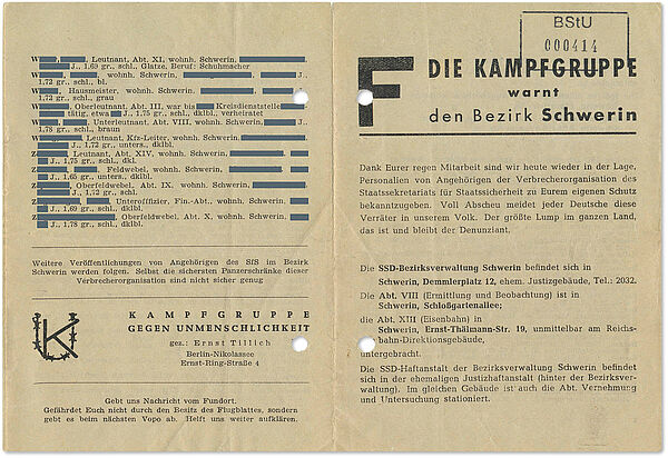 Propaganda-Flugblatt der "Kampfgruppe gegen Unmenschlichkeit" (KgU) mit Namen und Funktionen von Stasi-Mitarbeitern im Bezirk Schwerin, um 1954 (Auszug); Quelle: BArch, MfS, GH 108/55, Bd. 14, Teil 2, Bl. 414 Braunes A8 Blatt mit schwarzem Druck: Unter der Überschrift "Die Kampfgruppe warnt den Bezirk Schwerin" listet das Flugblatt Adressen von Stasi-Dienststellen und persönliche Angaben zu Stasi-Mitarbeitern auf. Es enthält teilweise den vollen Namen, den Dienstgrad, die Diensteinheit, die Wohnadresse und erkennungsdienstliche Angaben zu Alter, Körpergröße oder Haarfarbe der Stasi-Mitarbeiter