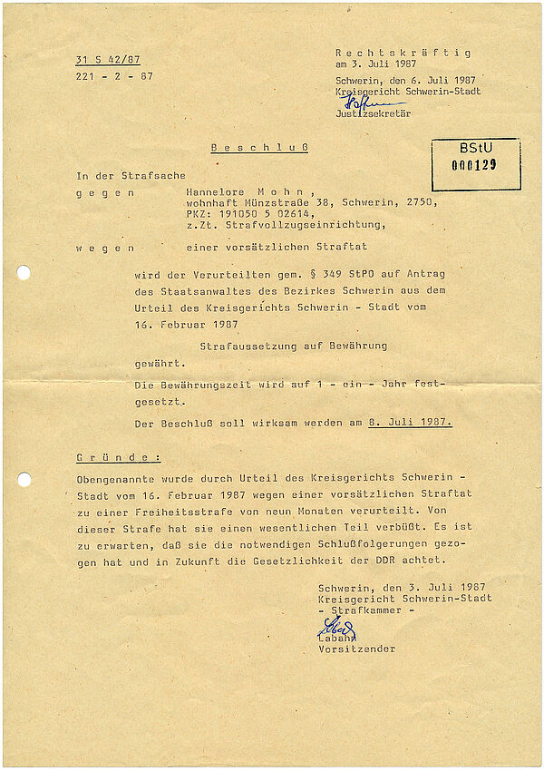 Beschluss über die Strafaussetzung auf Bewährung von Hannelore Mohn, 6. Juli 1987