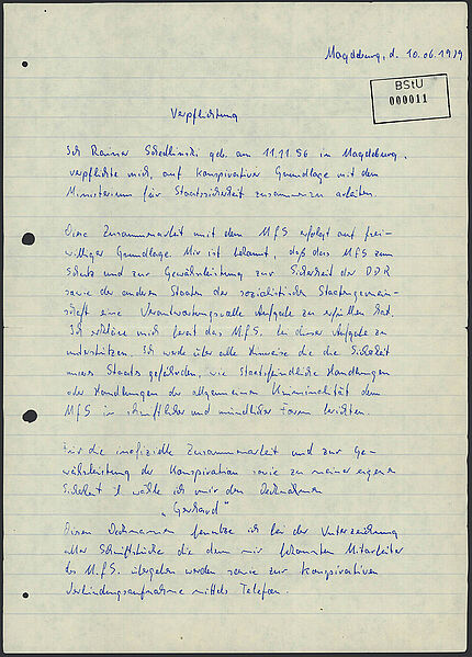 Handschriftliches Dokument: Verpflichtungserklärung Rainer Schedlinskis, als IM "Gerhard" mit der Stasi zusammenzuarbeiten, Magdeburg, 10. Juni 1979