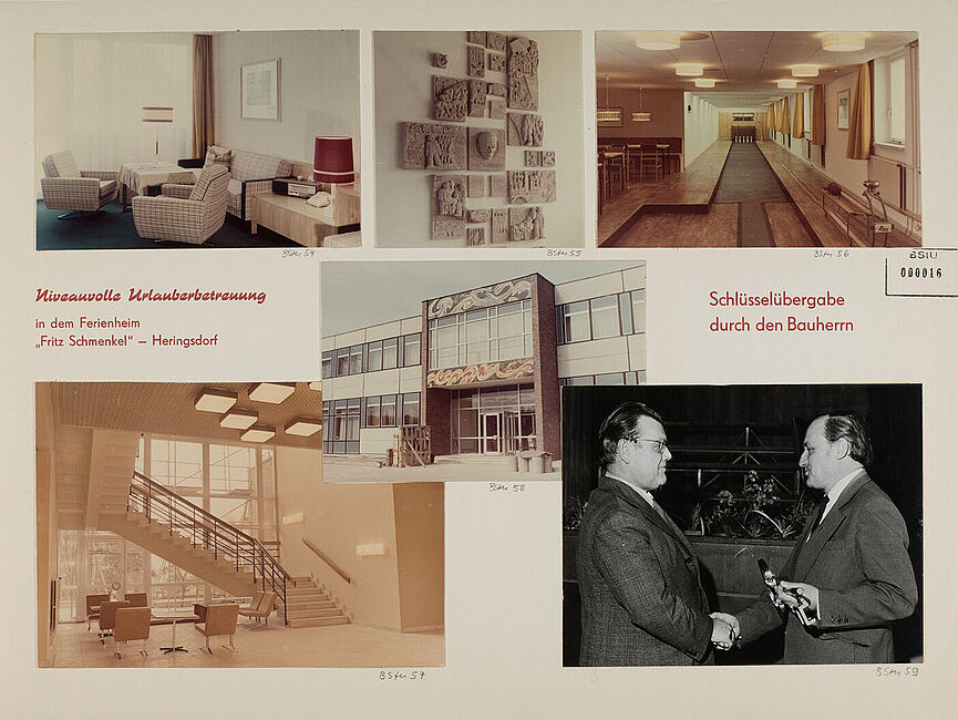 Das Blatt zeigt fünf Fotos einer neuen Stasi-Ferienanlage: Zimmereinrichtung, Wandschmuck, Kegelbahn, Außenaufnahme, Foyer. Rechts unten ein weiteres Bild mit zwei händeschüttelden Männern. Links ein Textfeld:„Niveauvolle Urlauberbetreuung in dem Ferienheim „Fritz Schmenkel“ Heringsdorf“. Rechts ein zweites Textfeld: „Schlüsselübergabe durch den Bauherrn.“ 