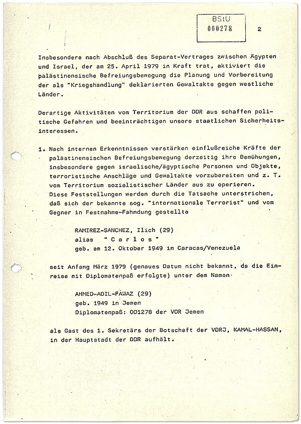 Der Text informiert über die damals aktuellen Entwicklungen im Bereich des Terrorismus aus Sicht der Stasi. Schwerpunkt sind terroristische Netzwerke im Zusammenhang mit dem Nahost-Konflikt sowie deren Verbindungen zu West-Deutschen Terrorzellen wie der Roten Armee Fraktion.  Brisant ist, das der Stasi bewusst war, dass international gesuchte Terroristen wie "Carlos" vom Gebiet sozialistischer Staaten operierten, auch von Ost-Berlin aus.