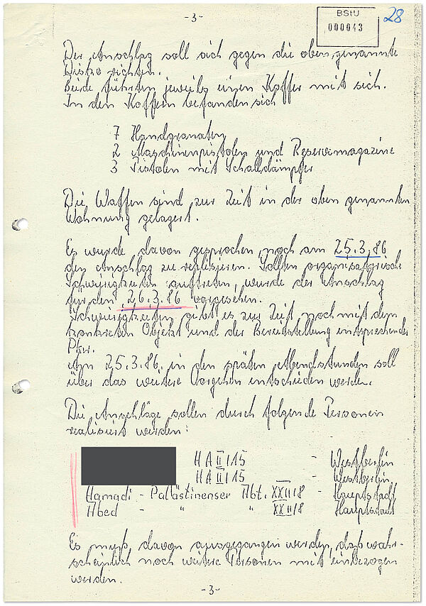 IM-Bericht über Anschlagsvorbereitungen libysch-palästinensischer Terroristen auf US-Soldaten in West-Berlin, März 1986 (Auszug) Handschriftlicher Bericht, dem detaillierte Informationen zu Anschlagsplanungen zu entnehmen sind.