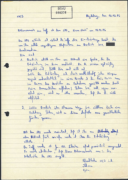 Handschriftliche Verpflichtungserklärung zur Zusammenarbeit mit der Stasi als IM Gerhard von Rainer Schedlinski, Seite 1
