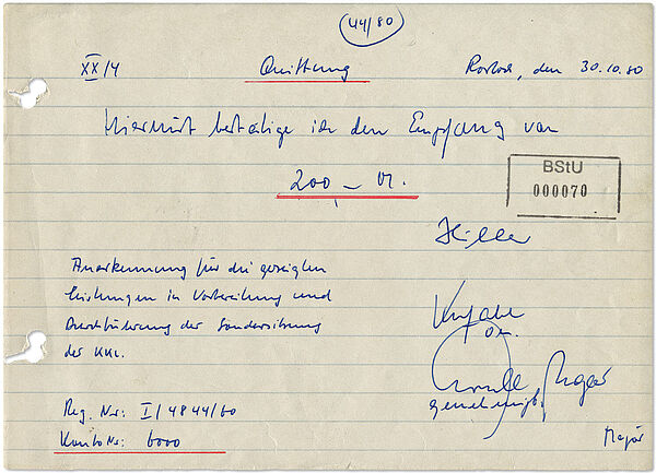 Quittung der BV Rostock über die Auszahlung einer Prämie von 200 Mark an IM "Hiller", 30. Oktober 1980; Quelle: BArch, MfS, BV Rostock, AIM, Nr. 243/91, Bd. 5, Bl. 70 Eine handgeschriebene Quittung über 200 DDR-Mark für den IM, unterzeichnet vom IM und seinem Führungsoffizier.
