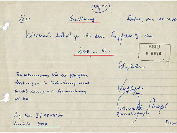 Quittung der BV Rostock über die Auszahlung einer Prämie von 200 Mark an IM "Hiller", 30. Oktober 1980; Quelle: BArch, MfS, BV Rostock, AIM, Nr. 243/91, Bd. 5, Bl. 70 Eine handgeschriebene Quittung über 200 DDR-Mark für den IM, unterzeichnet vom IM und seinem Führungsoffizier.