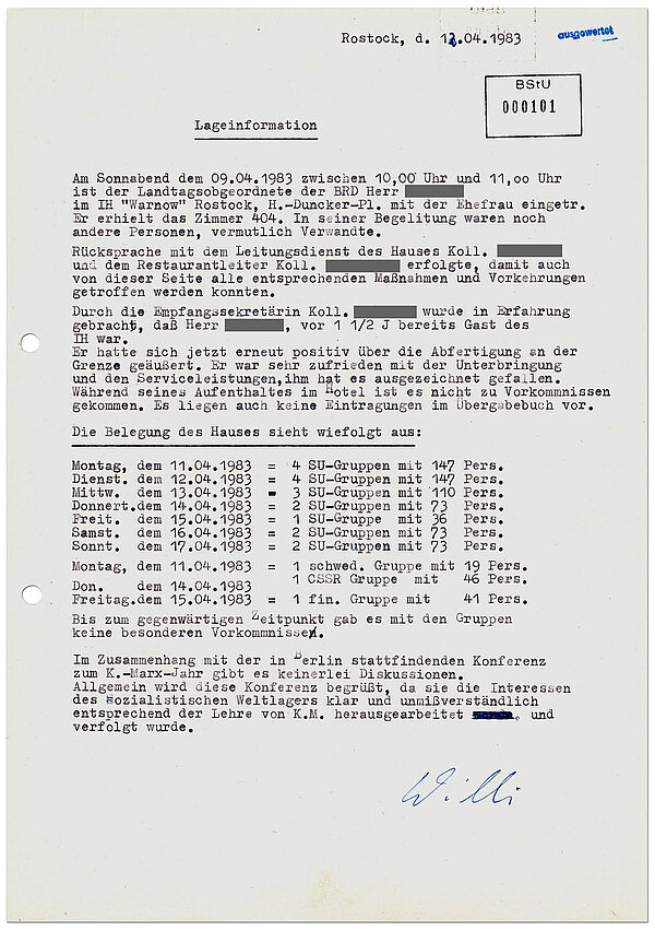 Bericht von IM "Willi" über den Aufenthalt eines westdeutschen Landtagsabgeordneten im Interhotel "Warnow", 12. April 1983; Quelle: BArch, MfS, BV Rostock, AIM, Nr. 29/93, Bd. 2, Bl. 101 Maschinell verfasstes Textdokument, dass Informationen über den Besuch eines westdeutschen Landtagsabgeordneten und die Belegung des Interhotels in Rostock gibt.