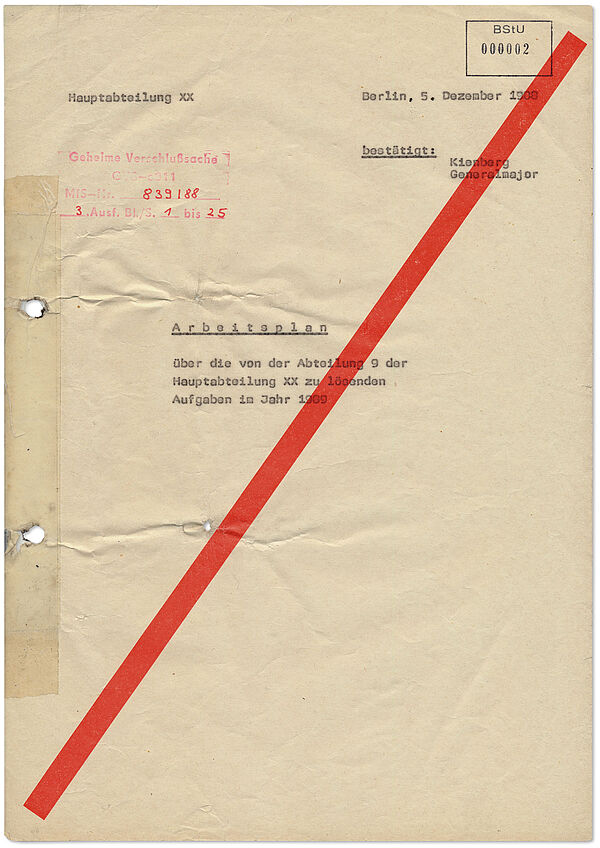 Deckblatt des Arbeitsplans der HA XX/9 für das Jahr 1989, 5. Dezember 1988; Quelle: BArch, MfS, HA XX/9, Nr. 1629, Bl. 2 Deckblatt des Jahresplans der HA XX/9 für das Jahr 1989, mit rotem Querbalken und Stempel als Verschlusssache gekennzeichnet und vom Chef HA XX, Paul Kienberg, bestätigt.