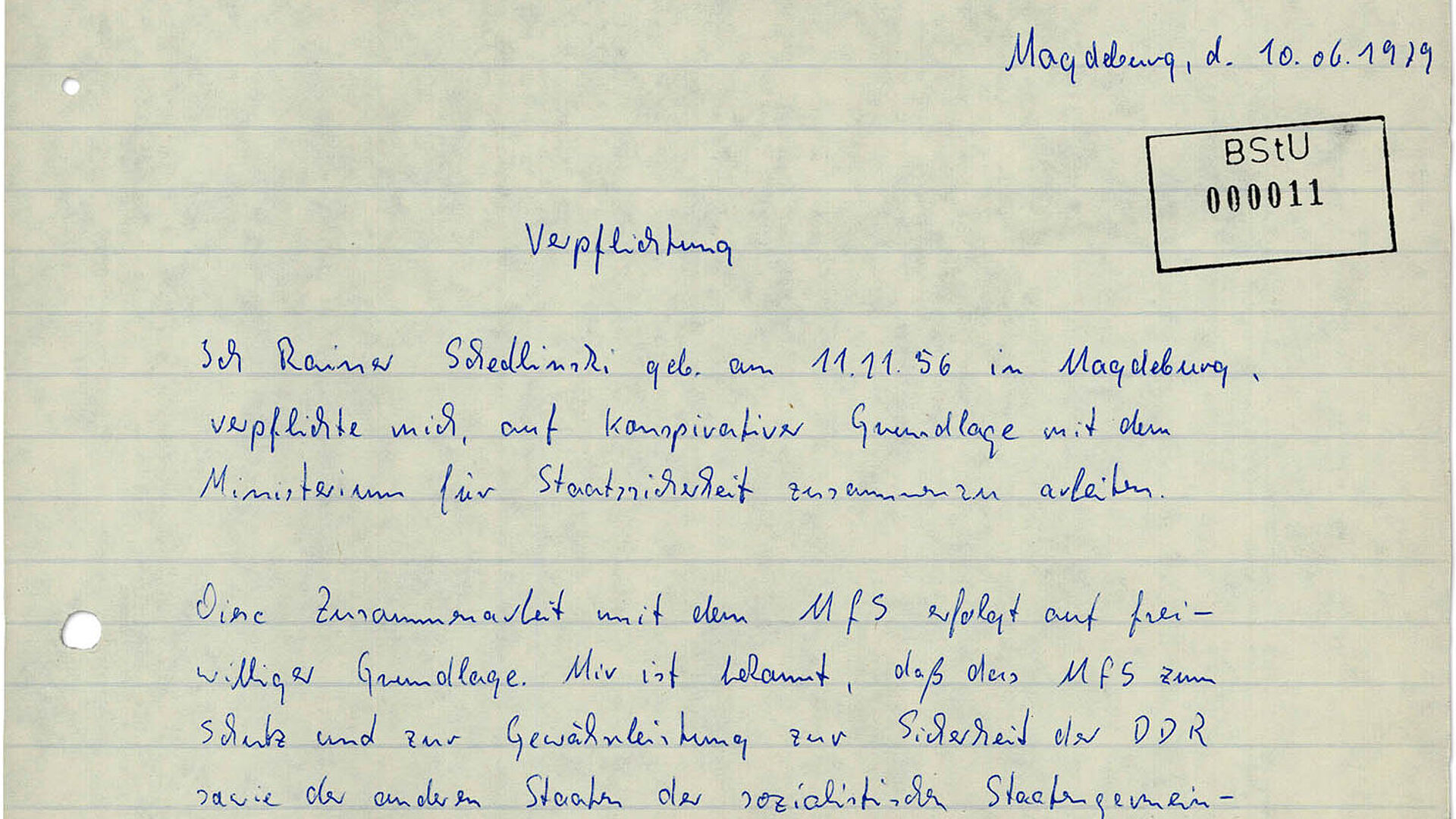 Handschriftliche Verpflichtungserklärung zur Zusammenarbeit mit der Stasi als IM Gerhard von Rainer Schedlinski, Seite 1