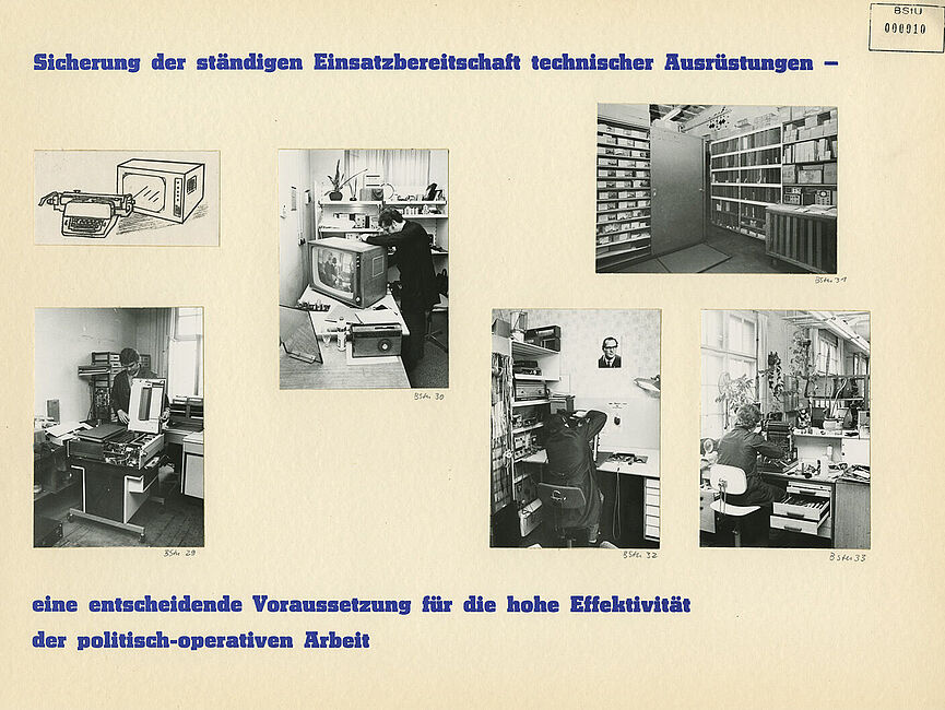 Das Blatt trägt einen oben beginnenden Schriftzug, der sich am unteren Rand fortsetzt: „Sicherung der ständigen Einsatzbereitschaft technischer Ausrüstungen – eine entscheidende Voraussetzung für die hohe Effektivität der politisch-operativen Arbeit“. Dazwischen sind vier Fotos aus Reparaturwerkstätten für Elektronik und eines aus einem Ersatzteillager zu sehen sowie eine Zeichnung eines Bildschirms hinter einer Schreibmaschine.
