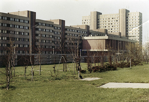 Blick über eine Grünfläche mit frisch gepflanzten Bäumen auf das aus einem Gebäuderiegel und -Turm bestehende, in Plattenbauweise errichtete BV-Gebäude 