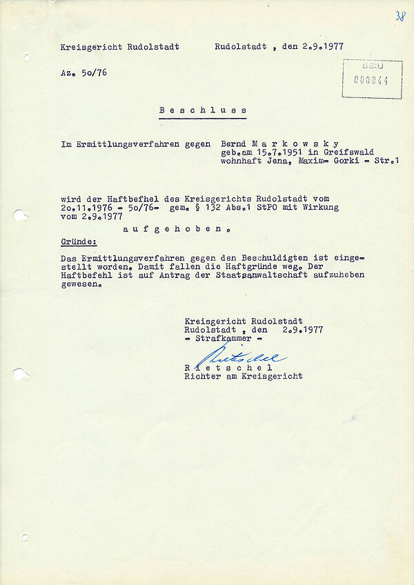 Aufhebung des Haftbefehls vom Kreisgericht Rudolstadt, handschriftlich unterzeichnet von Rietschel, Richter am Kreisgericht.