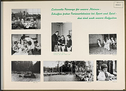 Das Blatt aus dem Fotoalbum trägt die Überschrift: "Liebevolle Fürsorge für unsere Kleinen - schaffen froher Ferienerlebnisse bei Sport und Spiel - das sind auch unsere Aufgaben". Das Blatt zeigt sieben Fotos. In der Mitte ist Erich Mielke mit Mädchen in Turntrikots zu sehen, die er anscheinend auszeichnet. Die anderen zeigen Kinder in einem Kindergarten und Junge Pioniere im Ferienlager, unter anderem bei einem Appell, beim Sackhüpfen und bei militärischen Übungen mit einem Kinderpanzer und Kindersturmgewehren.