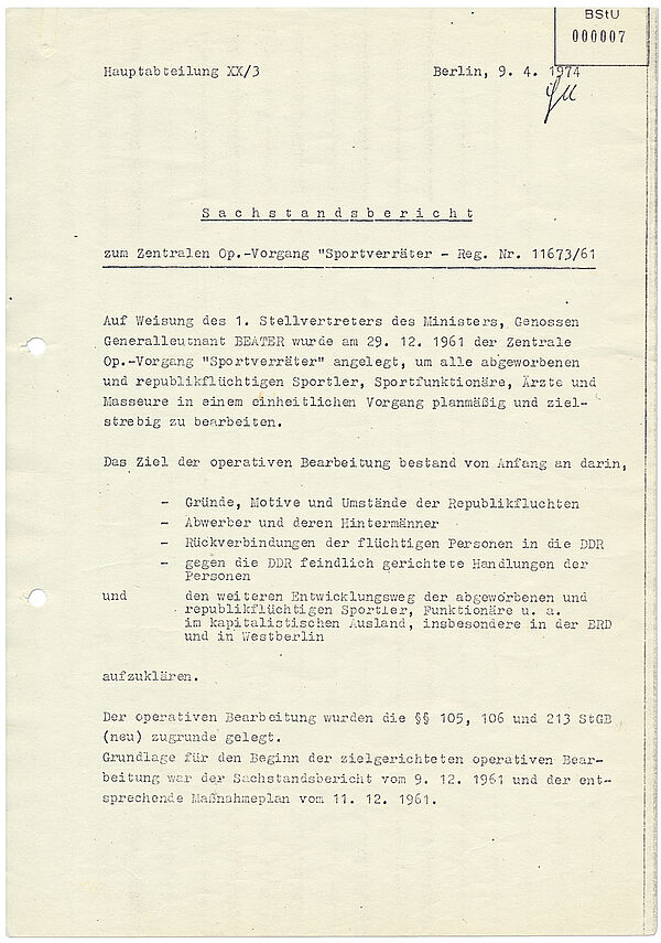 Historisches Dokument: Sachstandsbericht zum Zentalen operativen Vorgang "Sportverräter" der Stasi