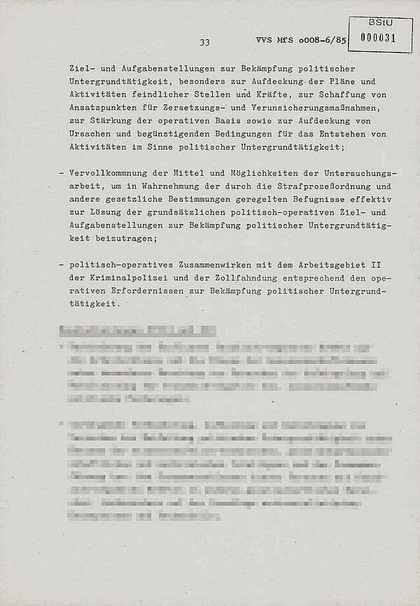Auszug aus Dienstanweisung 2/85 von Stasi-Minister Mielke zur "Bekämpfung der Untergrundtätigkeit", 20. Februar 1985