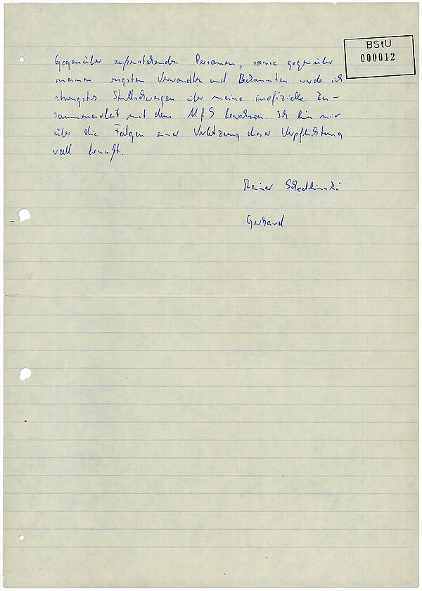 Verpflichtungserklärung Rainer Schedlinskis, als IM "Gerhard" mit der Stasi zusammenzuarbeiten, Magdeburg, 10. Juni 1979; Quelle: BArch, MfS, AIM, 1054/91, Bd. 1, Bl. 11 Handschriftliche Verpflichtungserklärung zur Zusammenarbeit mit der Stasi als IM Gerhard von Rainer Schedlinski, Seite 2