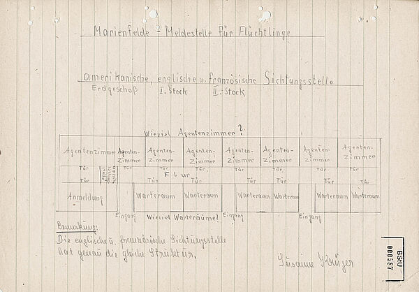 Die Skizze zeigt einen Geschossplan des Gebäudes des Notaufnahmelagers, in dem die Vernehmerzimmer der west-allierten Nachrichtendienste untergebracht waren..